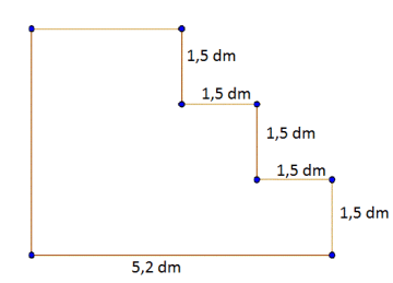 Figur forma som trapp med tre trinn, der det siste trinnet er lengst. Total lengde er 5,2 dm. Hvert trinn er 1,5 dm høyt og de to nederste trinna er 1,5 dm lange.